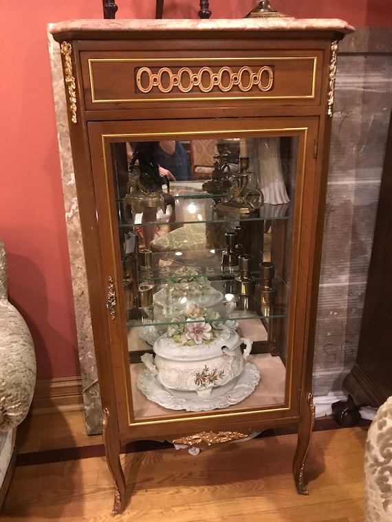 Antique Glass Display Cabinet With A Marble Top Etsy image 0 - Antique Glass Display Cabinet With A Marble Top Etsy