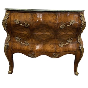 Vintage French Louis XV Style Bombe Commode Chest with Green Marble Style Top