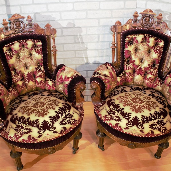 Victorian Renaissance Revival John Jelliff Carved Bergere Chairs Newly Upholstered - Pair