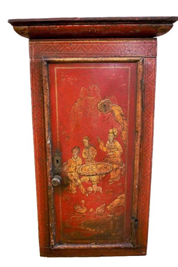 Vintage Asian Hand Painted Red Cabinet