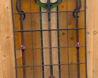 Antique Wrought-Iron Framed Stained Glass Window/Door