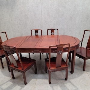 Vintage Asian Rosewood Carved Longevity Extending Dining Table and 8 Chairs
