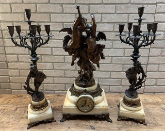 Antique French Louis XVI Style Albert Ernest Carrier Belleuse Figural Clock and 2 Candelabras - Garniture Set