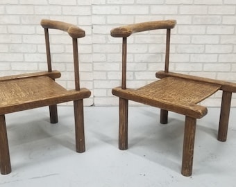 Antique Hand Carved Low Chairs - Pair