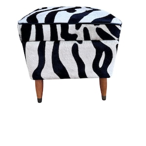 Vintage Storage Ottoman Newly Upholstered in Zebra Cowhide