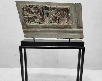 16th Century Chinese Hand Sculpted Grey Stone Panel with Stand