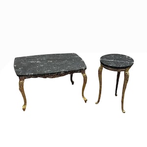Vintage French Baroque Style Ornate Gilt-Bronze Marble Coffee Table with Side Table