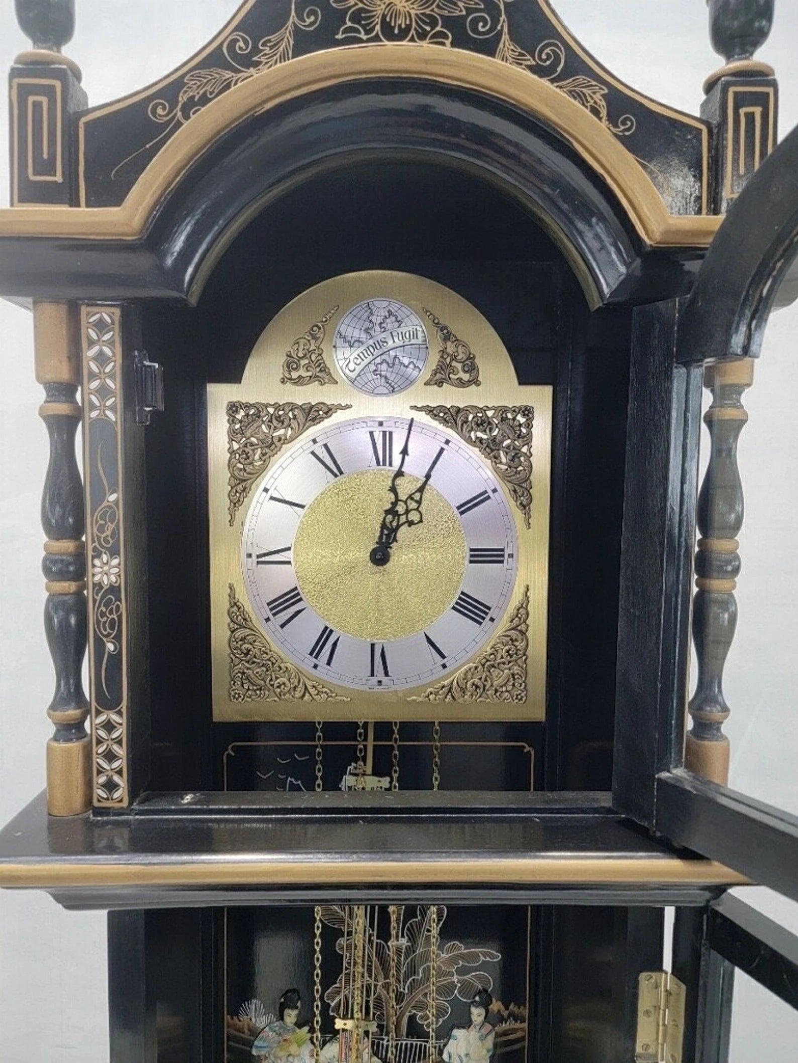 Vintage Wai Hing Clocks Co. Chinoiserie Black Lacquer Hand-painted
