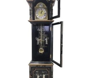 Vintage Wai Hing Clocks Co. Chinoiserie Black Lacquer Hand-painted