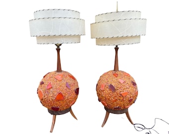 MCM Chunky Lucite Orange Rock Candy Swag Ball Table Lamp - Pair