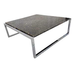 May include: A square coffee table with a dark brown marble top and a chrome metal frame.