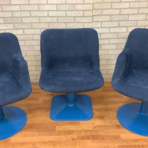 Mid Century Modern Blue Suede Swivel Chairs – Yrjö Kukkapuro, Set of 3