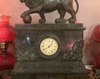 Antique French Marble Bronze Lion Mounted Mantel Clock