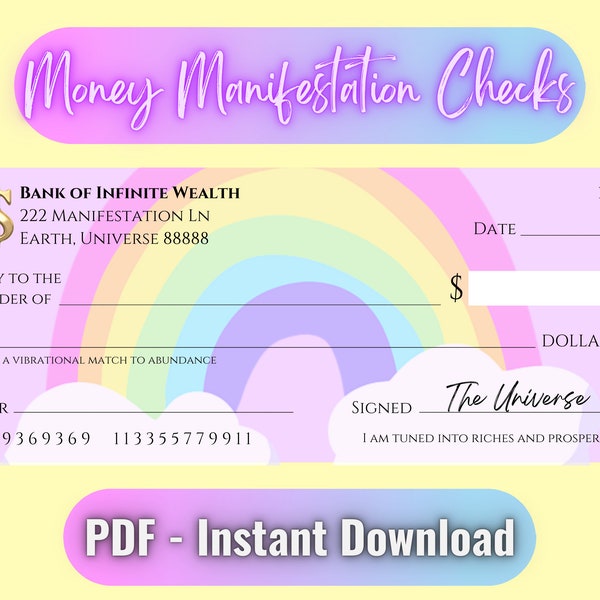 Rainbow Money Manifestation Check, Attract Prosperity, Blank Vision Board Checks, Manifest Abundance, Law of Attraction, Printable