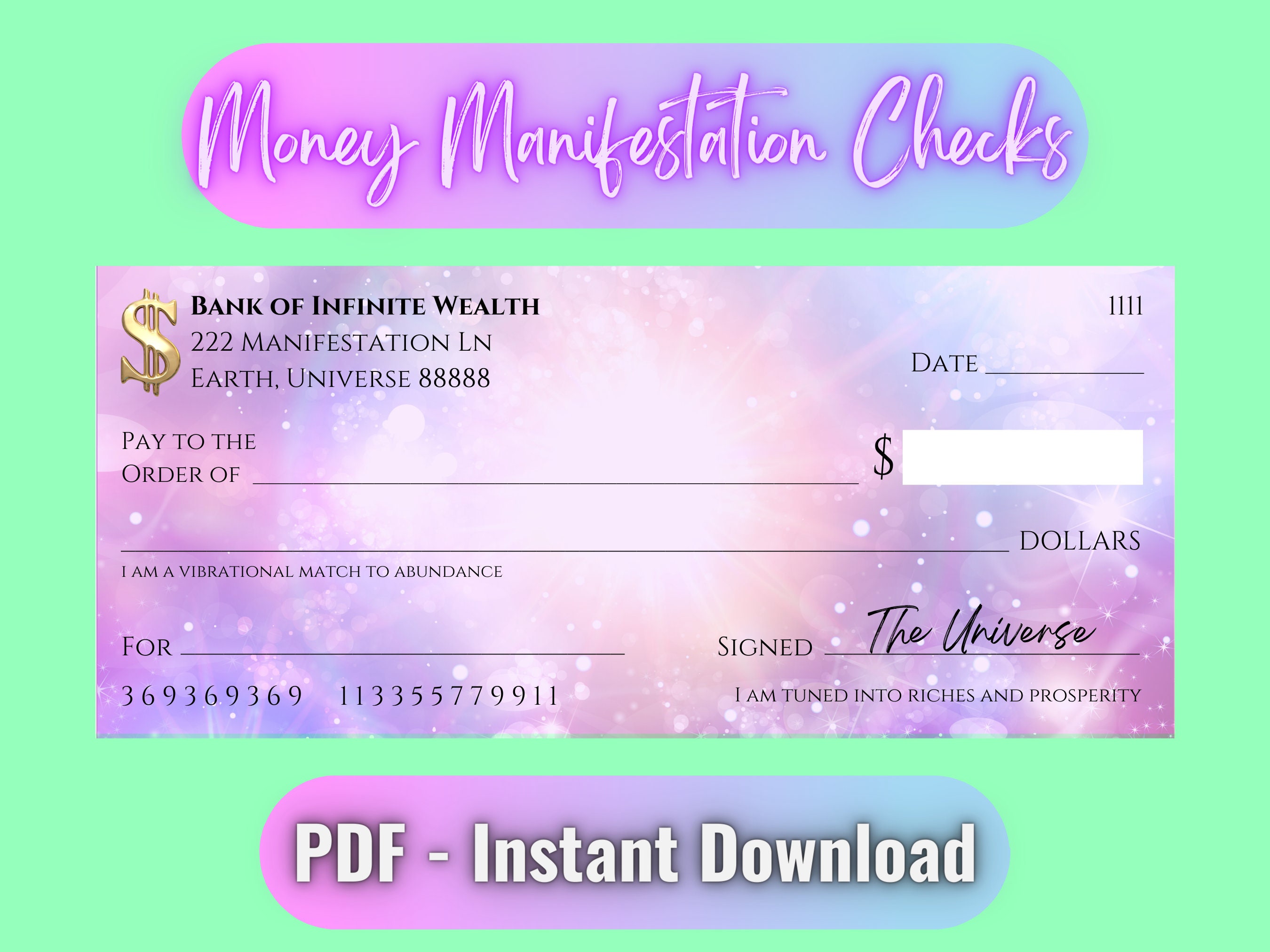 Money Manifestation Check, Attract Prosperity, Blank Vision Board ...
