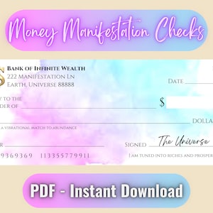 Money Manifestation Check, Attract Prosperity, Blank Vision Board Checks, Manifest Abundance, Law of Attraction, Watercolor, Printable