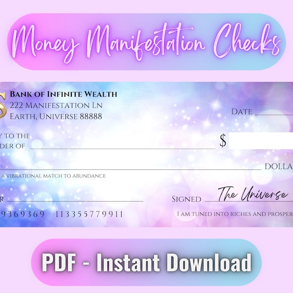 Money Manifestation Check, Attract Prosperity & Abundance, Blank Vision Board Checks, Manifest Your Dream Life, Law of Attraction, Printable