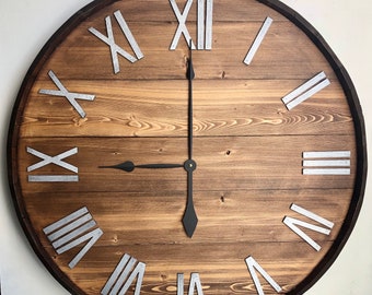 30" Large Wine Barrel Wooden Wall Clock, Modern Farmhouse Handcrafted Clock with Unique Design and Metal Frame, Rustic Country Wall Decor