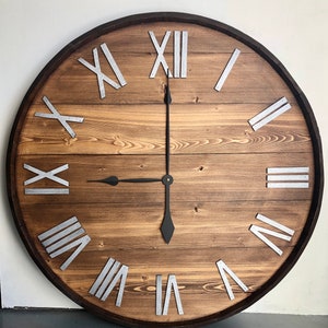 30" Large Wine Barrel Wooden Wall Clock, Modern Farmhouse Handcrafted Clock with Unique Design and Metal Frame, Rustic Country Wall Decor