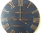 30 Black or Blue Copper Rustic Farmhouse Kitchen Clock, Large Wooden Wall Clock Home Decor