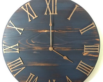 30” Black or Blue & Copper Rustic Farmhouse Kitchen Clock, Large Wooden Wall Clock Home Decor