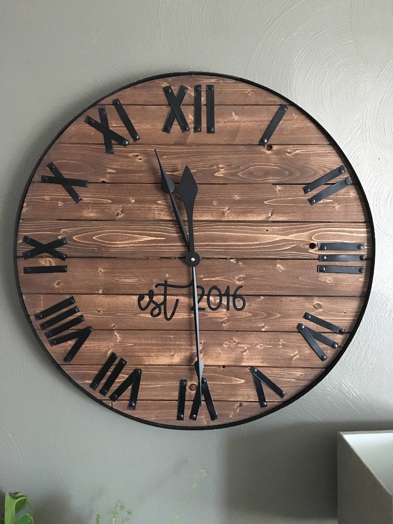 24 Large Farmhouse Wooden Wall Clock Modern Farmhouse Style Rustic Oversized Wood Wall Home Decor, Last Name Established Gift for Wedding image 4