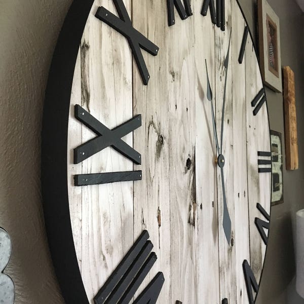 24" Rustic White Farmhouse Pallet Clock, Oversized Wooden Clock for Living Room, Rustic Fall Home Decor, Large Wooden Clock, Christmas Gift