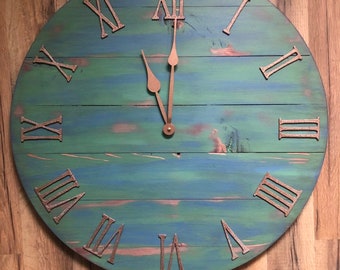 36" Coastal Beach House Wooden Clock, Rustic Nautical Wood Decor for Cottage, Sea Glass Inspired Gift for Modern Farmhouse or Vacation Home