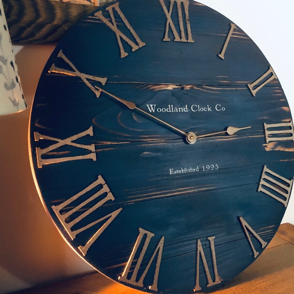 20" Dark Blue and Copper Rustic Wall Clock, Wood Modern Farmhouse Style Home Decor, Handcrafted Unique Wooden Gift, Rustic Country Clock