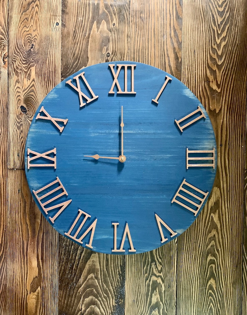 Oversized Rustic Blue Distressed Wooden Wall Clock Copper Etsy