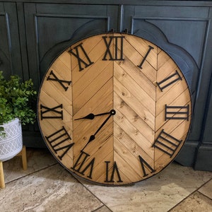 30" Herringbone Modern Farmhouse Clock, Oversized Large Rustic Wooden Wall Clock, Neutral Cozy Living Room Fall Decor, Custom Housewarming