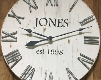 30" White Rustic Shabby Chic Wood Wall Clock, Extra Large Shiplap Wooden Wall Clock for Living Room Mantel Kitchen or Office