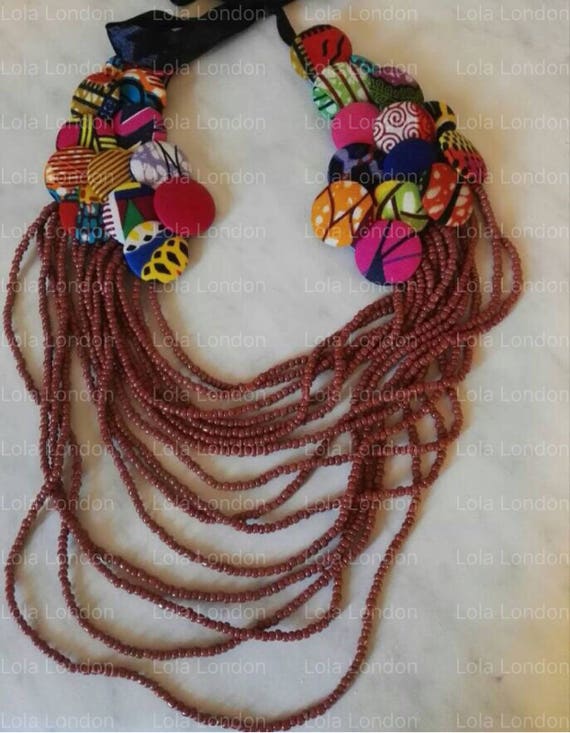 Multi Layered Necklace, Ankara Buttons on Beads Necklace, Rope