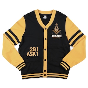 May include: Black and gold varsity style cardigan with a large embroidered Masonic symbol and the text "Mason 3 Degrees of Light" on the front. The sleeves are yellow with black stripes. The left pocket has the text "2B1 ASK1" embroidered on it.