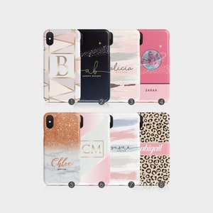 May include: Collection of eight phone cases with various designs. Includes cases with geometric patterns, glitter, marble, and personalized names like "Chloe" and "Abigail." Colors range from pink and gold to black and leopard print.