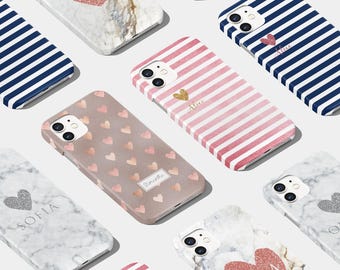 Personalised Initials Custom Phone Case for iPhone 17 16 15 14 13 12 11 Pro Max Plus & Samsung S25 S24 S23 Rose Gold Hearts Striped Marble