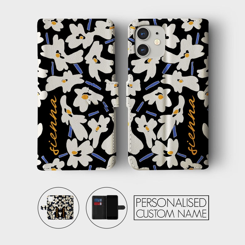 Étui portefeuille personnalisé Tirita à rabat floral personnalisé fleurs rétro modernes pour iPhone 15 14 13 12 11 8 XR SE Samsung Galaxy S20 S10 S9 06- Daisies Indigo