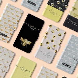 Personalisierte Initialen Benutzerdefinierte Brieftasche Flip Handyhülle Honig Bienen Wabe Hummel für iPhone 16 15 14 13 12 SE 11 8 SE XS Samsung S23 S22