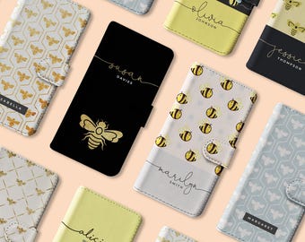 Personalised Initials Custom Wallet Flip Phone Case Honey Bees Honeycomb Bumblebee for iPhone 17 16 15 14 13 12 Pro Max Samsung S25 S23 S22