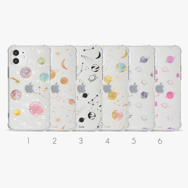 Tirita Phone Case Shockproof Soft Clear Moon Stars Planets Universe Space Printed Glitter for iPhone 15 14 13 12 SE 11 6 7&8 Plus X Xs Xr