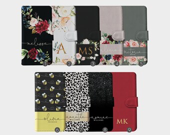 Étui portefeuille personnalisé Tirita à rabat, fleurs personnalisées, impression ombrée, nom monogramme abeilles pour iPhone 15 14 13 12 11 XR SE Samsung Galaxy