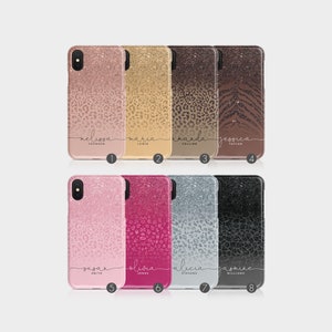 May include: Eight different phone cases with a glitter finish and a leopard print design. Each case has a different name printed on it, such as Melissa, Maria, Amanda, Jessica, Susan, Olivia, Alicia, and Jasmine.