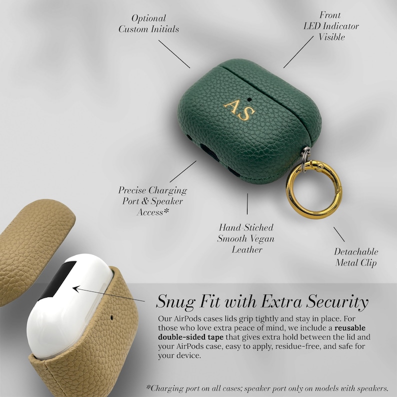 May include: Green vegan leather AirPods case with gold initials "AS" and a gold metal clip. The case has a textured finish and includes a charging port and speaker access. The text "Snug Fit with Extra Security" is also visible.
