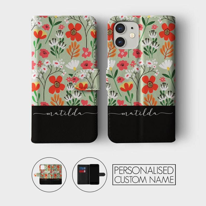 Étui portefeuille personnalisé Tirita pour téléphone portable à rabat floral personnalisé fleurs printanières pastel crayon pour iPhone 15 14 13 12 11 XR SE Samsung Galaxy S20 S10 06- Wild Flowers