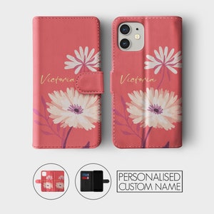 Étui portefeuille personnalisé Tirita pour téléphone portable à rabat floral personnalisé fleurs printanières pastel crayon pour iPhone 15 14 13 12 11 XR SE Samsung Galaxy S20 S10 01- Flowers Salmon