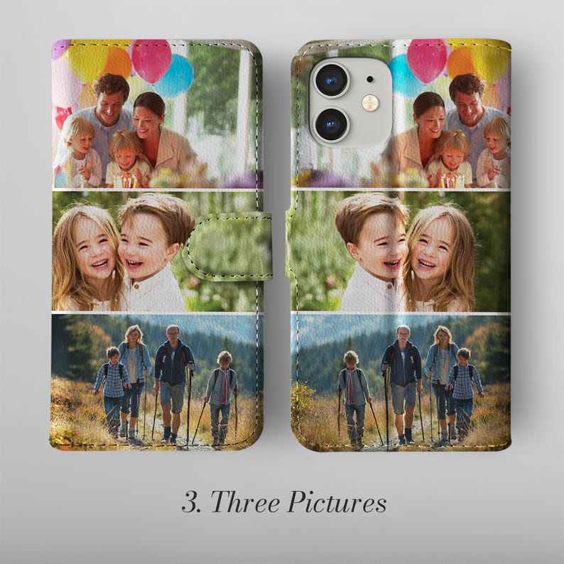 May include: A personalised phone case with three photo slots. The case features a family photo, a photo of two smiling children, and a family hiking photo. The case is green and has a magnetic closure.