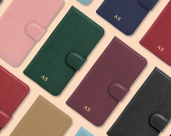 Personalised Wallet Phone Case iPhone 17 Case, iPhone 16, 15, 14, 13, 12, 12 Pro, 11, SE, 8, 7 | Gold Embossed Initials on Vegan Leather
