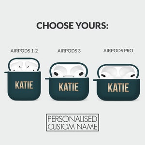 May include: Three different AirPod cases with a dark green background and a gold inscription that says "KATIE". The cases are for AirPods 1-2, AirPods 3, and AirPods Pro.