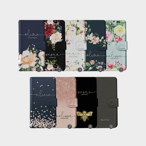 Étui portefeuille personnalisé Tirita, fleurs personnalisées, coeurs dégradés, abeilles, nom monogramme pour iPhone 15 14 13 12 11 8 XR SE Samsung Galaxy image 1