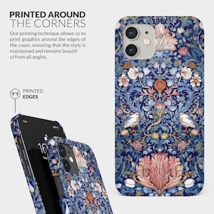 May include: A blue phone case with a floral pattern and two birds. The case is printed around the edges. The text "PRINTED EDGES" is on the case.